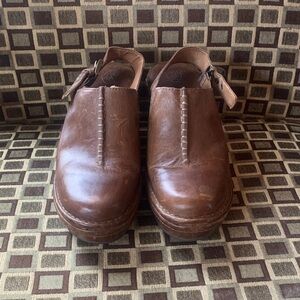 Brown leather platform clog